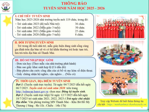 Trường MN Thanh Mai thông báo tuyển sinh năm học 2025-2026